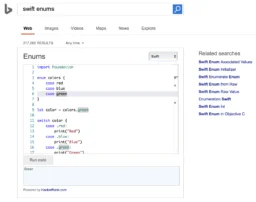 Screenshot of Bing search results for the query "Swift enums" showing a live Swift playground with example enum code pre-inserted