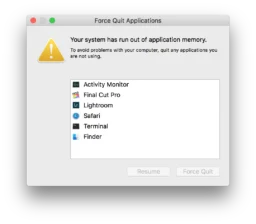 Screenshot of the macOS dialog saying "Your system has run out of application memory"