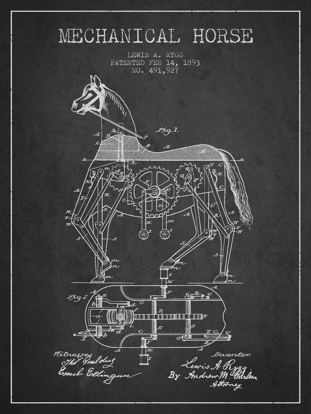 A vintage Mechanical Horse Patent Drawing From 1893 on Dark grunge background.