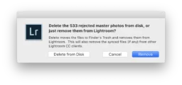 Screenshot of a dialog in Lightroom asking if photos should be deleted from disk or just removed from Lightroom, with the default button being the latter