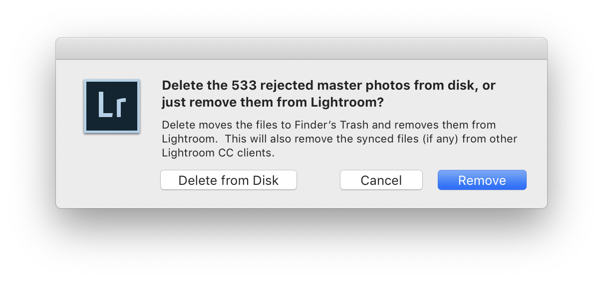 Screenshot of a dialog in Lightroom asking if photos should be deleted from disk or just removed from Lightroom, with the default button being the latter