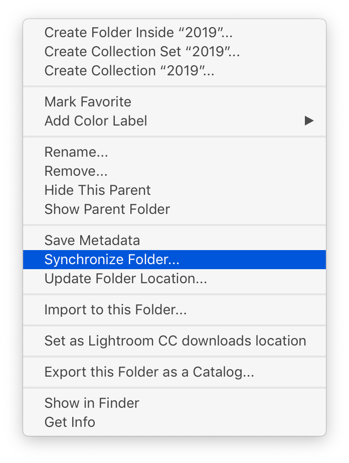 Screen shot of the contextual menu from right-clicking on an entry in the'Folders' section of the Lightroom left-side panel