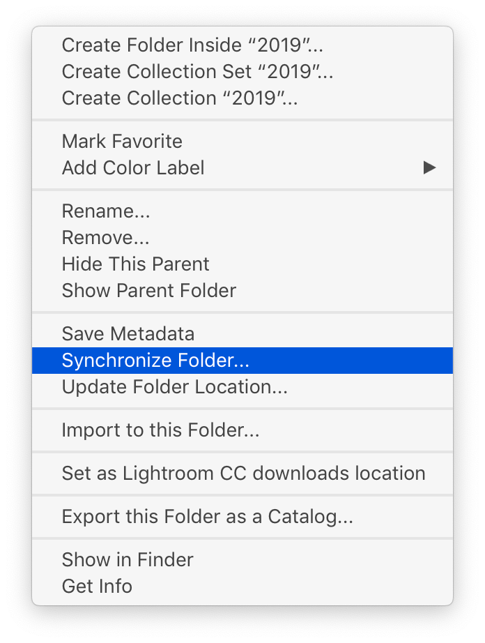 Screen shot of the contextual menu from right-clicking on an entry in the 'Folders' section of the Lightroom left-side panel