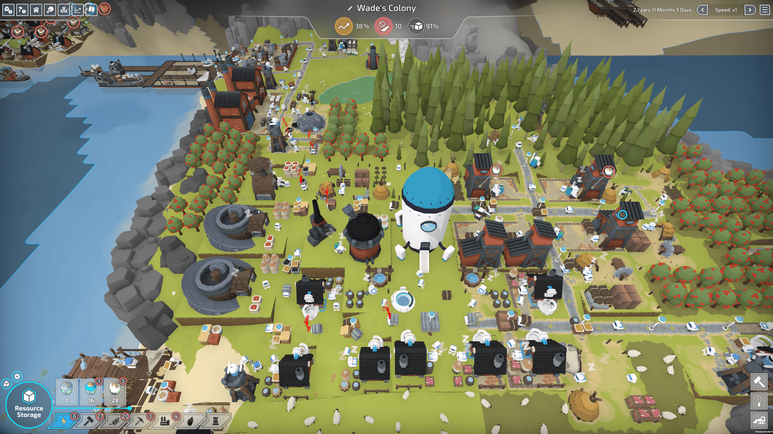 Screenshot of The Colonists showing a Metal rendering bug whereby half the roads aren't shown.