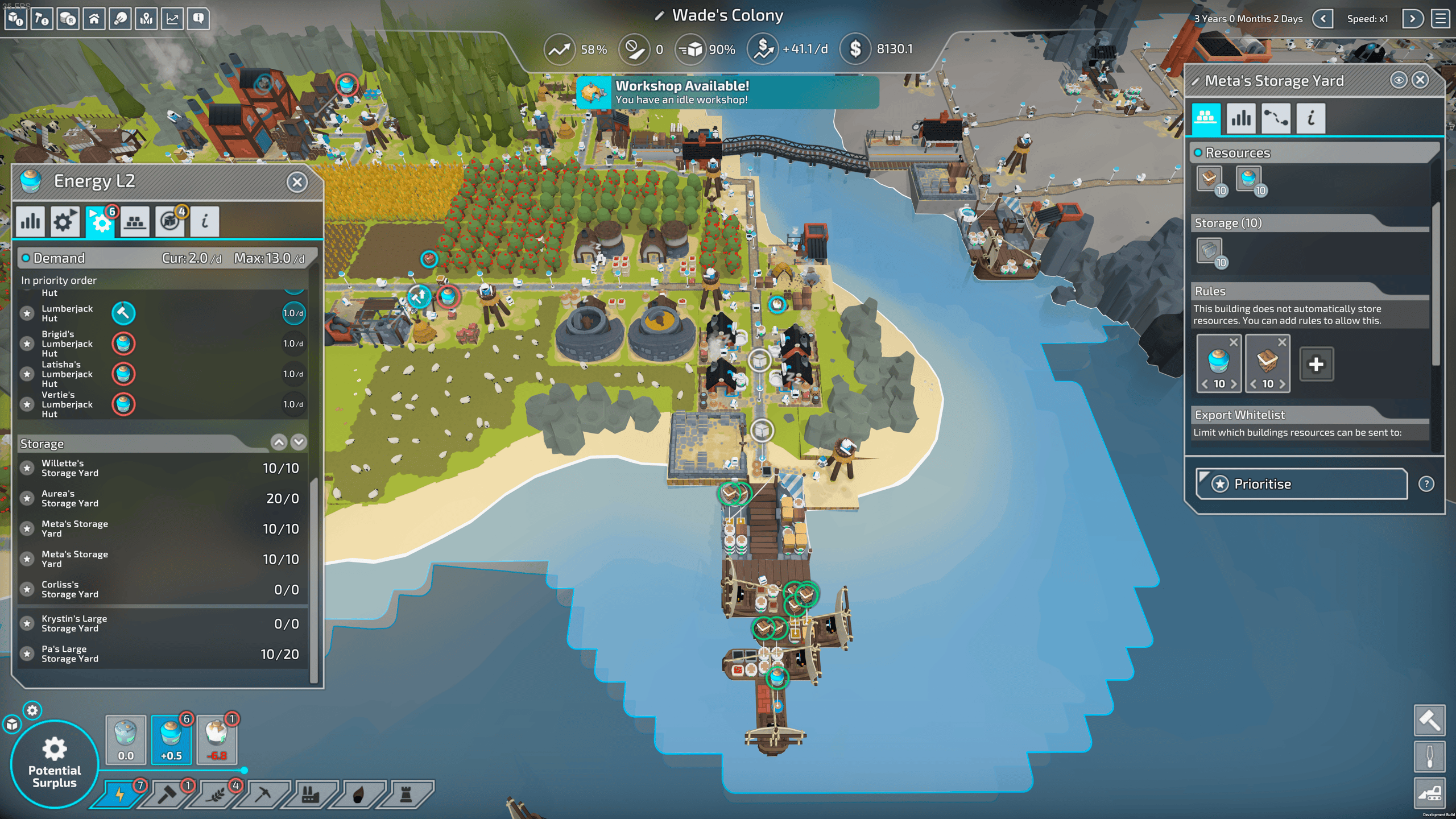 The Colonists screenshot showing numerous cargo ships jostling for access to my backlogged port.