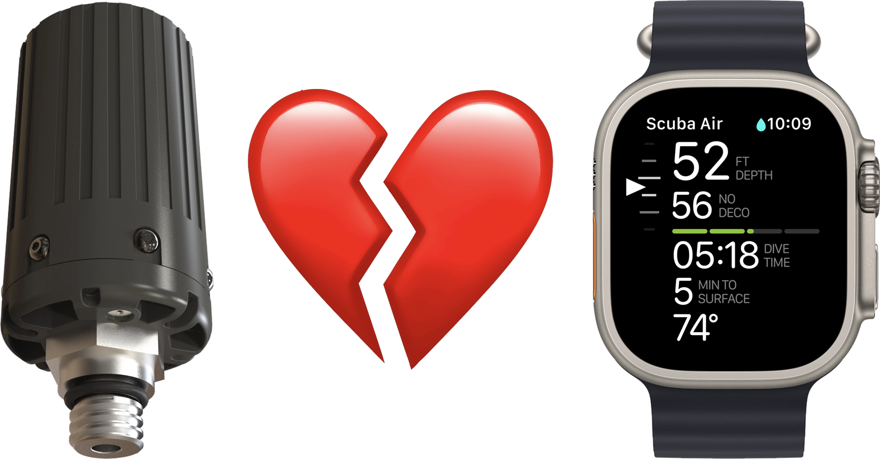 Symbolic image of an air integration transmitter, an Apple Watch Ultra, and a broken heart between them