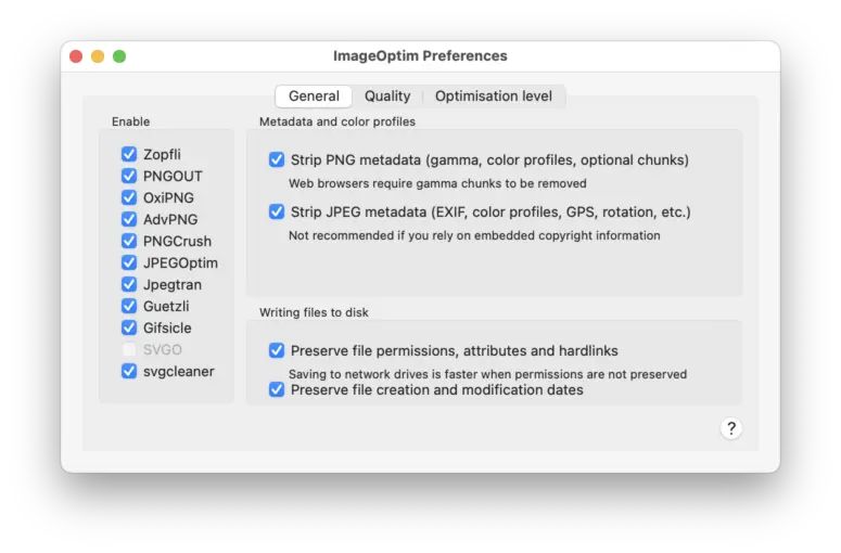 Screenshot of the ImageOptim Preferences window, showing the General tab
