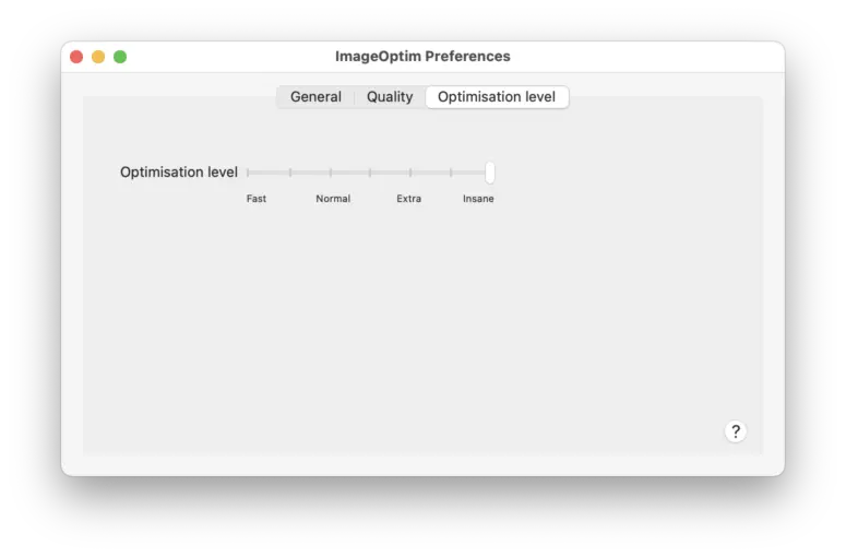 Screenshot of the ImageOptim Preferences window, showing the Optimisation level tab