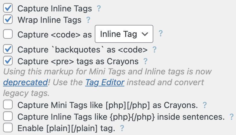 Screenshot of the'Tag' settings for the Urvanov Syntax Highlighter WordPress plug-in