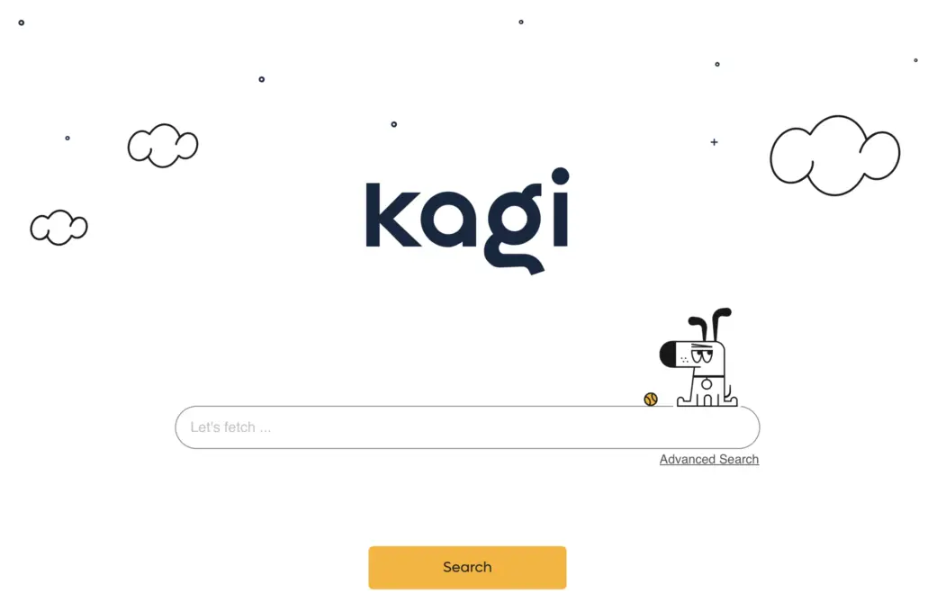 Screenshot of the Kagi Search home page, showing a very clean, simple page with essentially just the logo, the mascot Doggo, a text field, and a Search button. Very reminiscent of what Google Search's home page used to look like a long time ago.