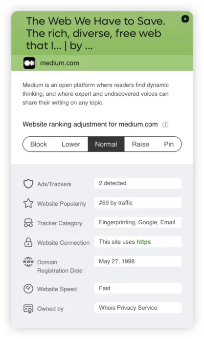 Screenshot of the information & settings dialog for medium.com on Kagi Search