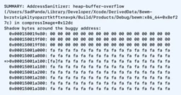 Screenshot of an excerpt from Xcode's debug console showing the output of AddressSanitizer, having detected data race involving NSImage.