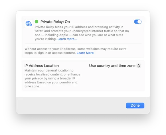 Screenshot of the macOS 14 Sonoma iCloud Private Relay settings dialog, showing it as ostensibly enabled even when it is not.