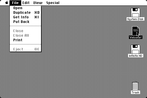 Screenshot from Apple System 1.0 (the OS from the original Macintosh in 1984) showing the contents of the Finder File menu.