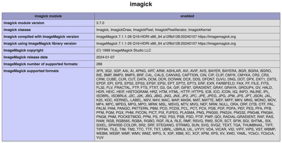 Screenshot of the "imagick" section of the phpinfo page.