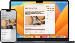 Apple product photo for Universal Clipboard, showing an iPhone next to a MacBook Pro, with an image selected on the iPhone and 'Copy' highlighted in the pop-up menu, and that same image in a Pages document on the Mac, implying it was just pasted there.
