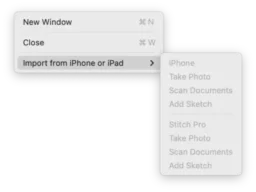 Screenshot of the File menu with the "Import from iPhone or iPad" submenu expanded, and all items therein are disabled.