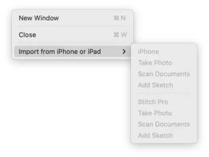 Screenshot of the File menu with the "Import from iPhone or iPad" submenu expanded, and all items therein are disabled.