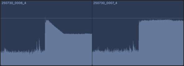 Waveforms from the Final Cut Pro timeline of Tascam Portacapture X8 recordings showing the difference between Auto Gain and constant gain