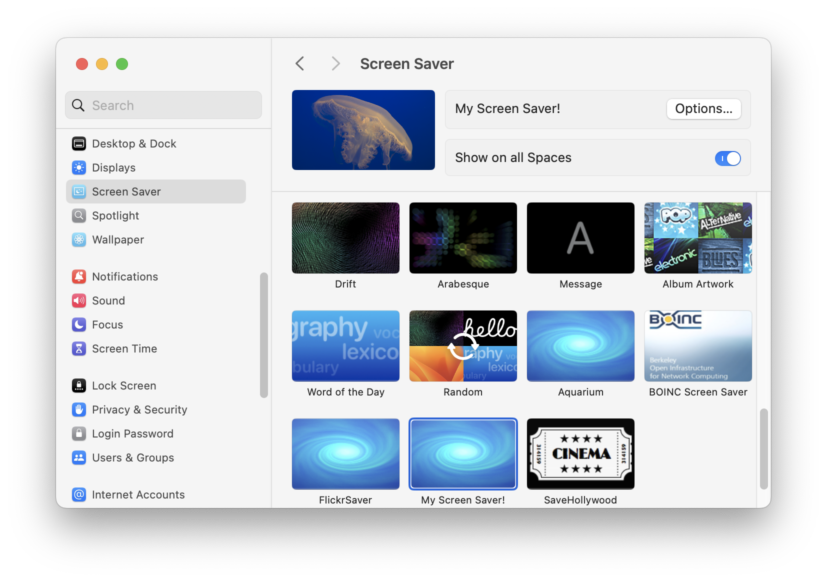 Screenshot of the macOS System Settings application, open to the Screen Saver pane, with "My Screen Saver!" selected as the active screen saver.
