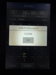 Photo of the Tascam Portacapture X8 error dialog - "USB FS Mismatch"