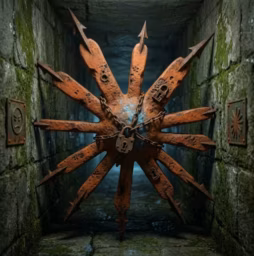 A dingy, moss-covered dungeon corridor blocked by a malicious-looking gate in the shape of the Claude logo (generated by Google Gemini)
