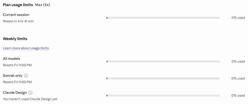 Screenshot of the usage / quota section of the Claude app's Settings, showing zero usage in all categories