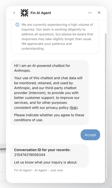 Screenshot of "Fin", Claude's AI Support agent, refusing to let me talk to it (there is no input field, despite it explicitly saying it's awaiting my input)