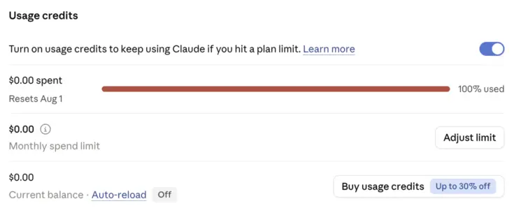 Screenshot of the Claude Settings, showing the Usage credits section. The main toggle is enabled, but everything else is'off' - $0 spending limit, no auto-reload.
